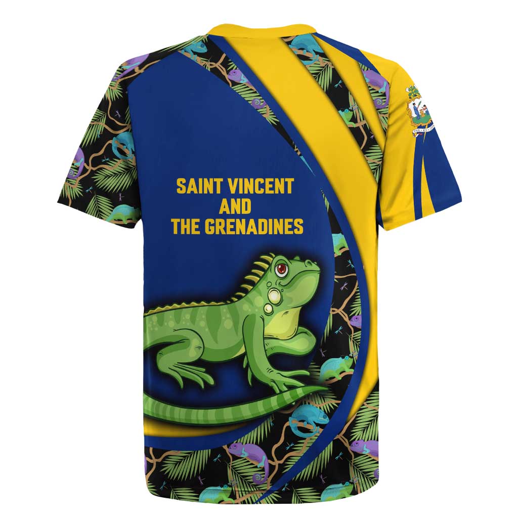 Saint Vincent and the Grenadines Iguana Rugby Jersey with Tropical Leaf Pattern and National Flag - Wonder Print Shop