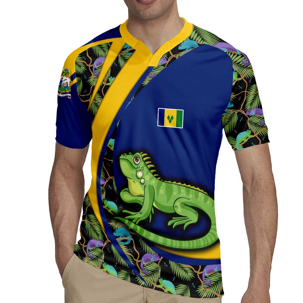 Saint Vincent and the Grenadines Iguana Rugby Jersey with Tropical Leaf Pattern and National Flag - Wonder Print Shop
