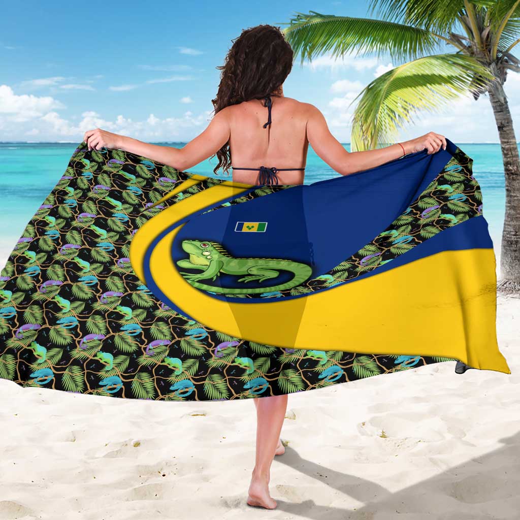 Saint Vincent and the Grenadines Iguana Sarong with Tropical Leaf Pattern and National Flag - Wonder Print Shop
