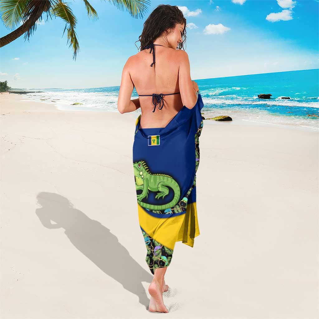 Saint Vincent and the Grenadines Iguana Sarong with Tropical Leaf Pattern and National Flag - Wonder Print Shop