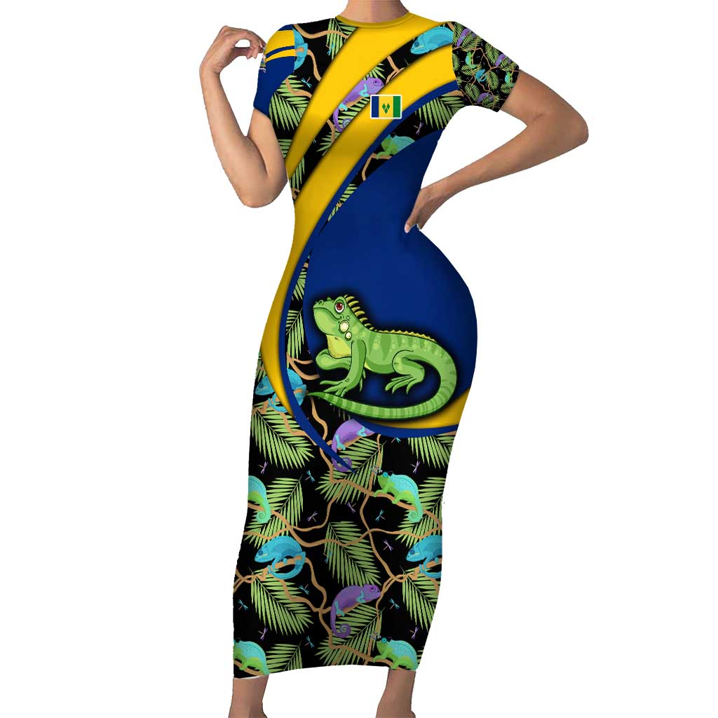 Saint Vincent and the Grenadines Iguana Short Sleeve Bodycon Dress with Tropical Leaf Pattern and National Flag - Wonder Print Shop