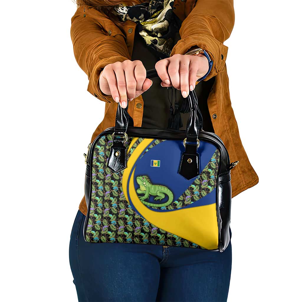 Saint Vincent and the Grenadines Iguana Shoulder Handbag with Tropical Leaf Pattern and National Flag - Wonder Print Shop