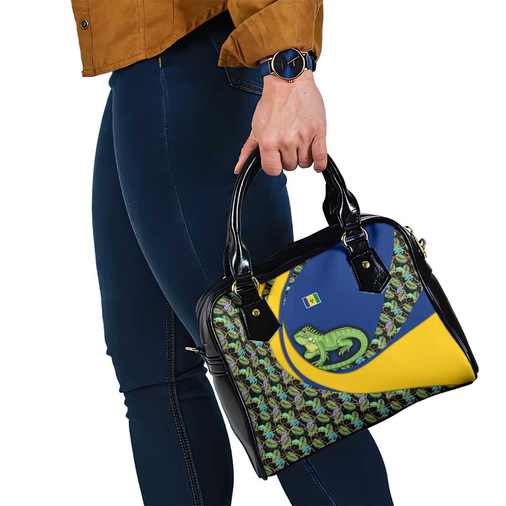 Saint Vincent and the Grenadines Iguana Shoulder Handbag with Tropical Leaf Pattern and National Flag - Wonder Print Shop