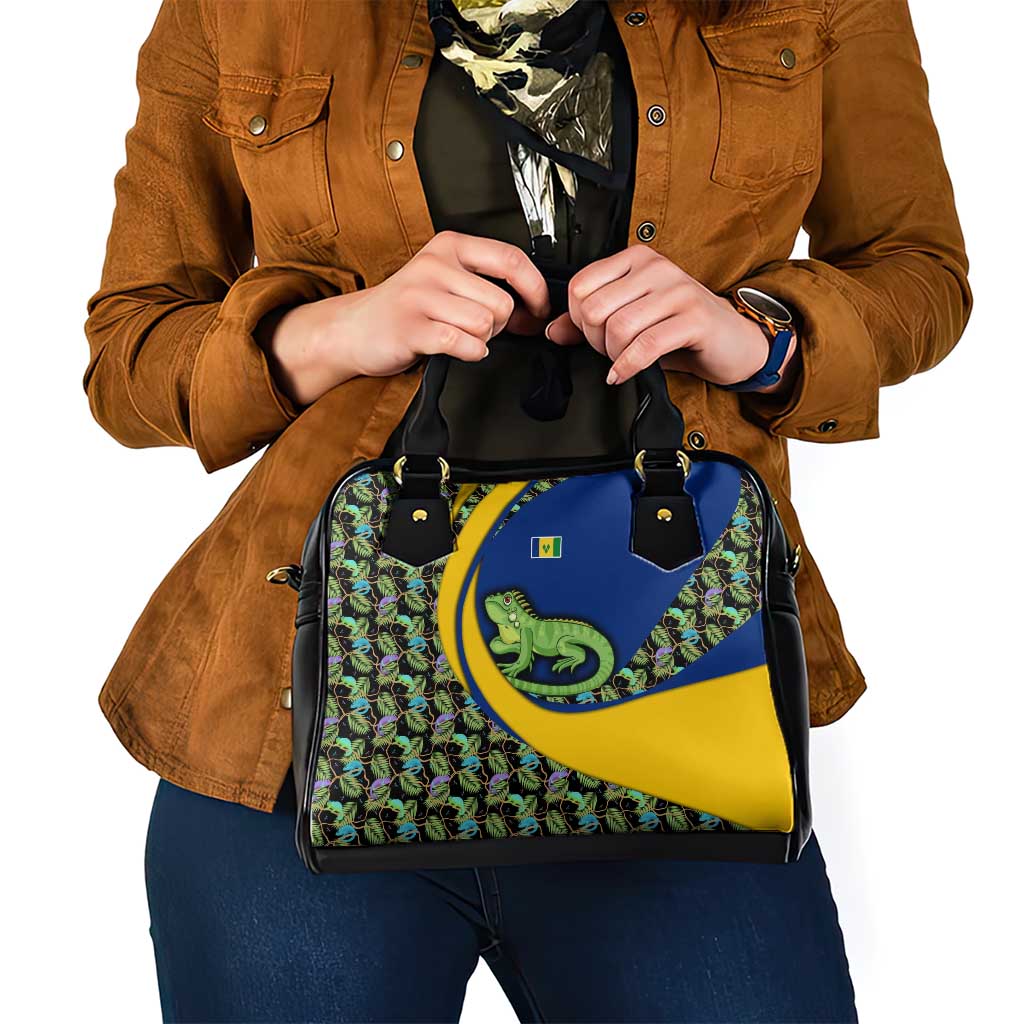 Saint Vincent and the Grenadines Iguana Shoulder Handbag with Tropical Leaf Pattern and National Flag - Wonder Print Shop
