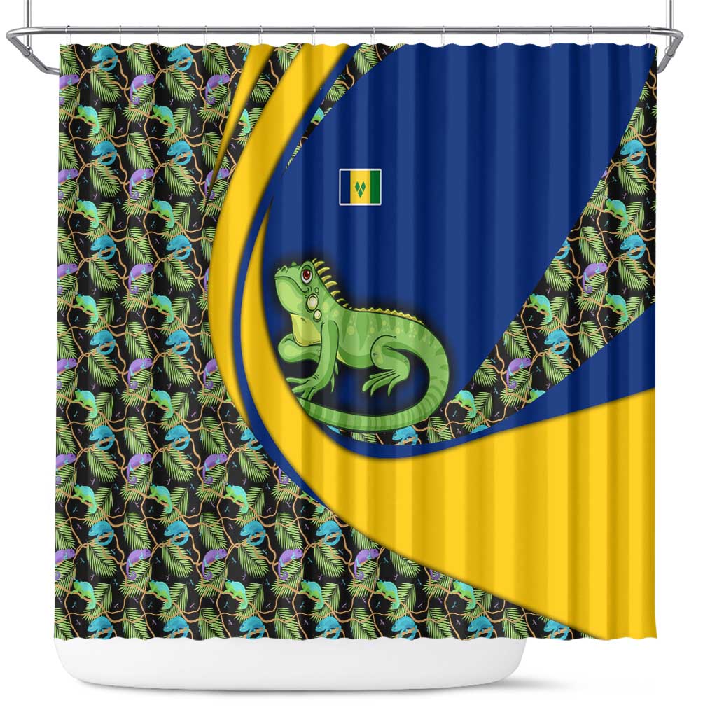 Saint Vincent and the Grenadines Iguana Shower Curtain with Tropical Leaf Pattern and National Flag - Wonder Print Shop