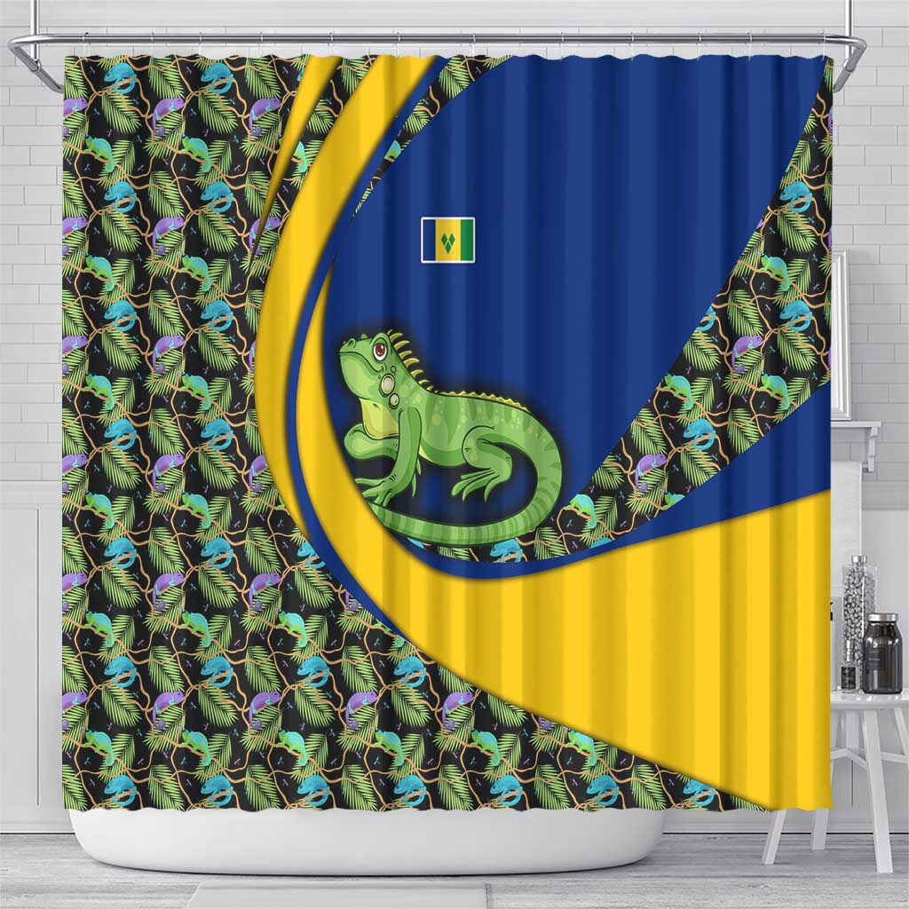 Saint Vincent and the Grenadines Iguana Shower Curtain with Tropical Leaf Pattern and National Flag - Wonder Print Shop