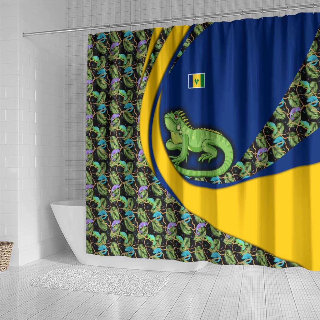 Saint Vincent and the Grenadines Iguana Shower Curtain with Tropical Leaf Pattern and National Flag - Wonder Print Shop