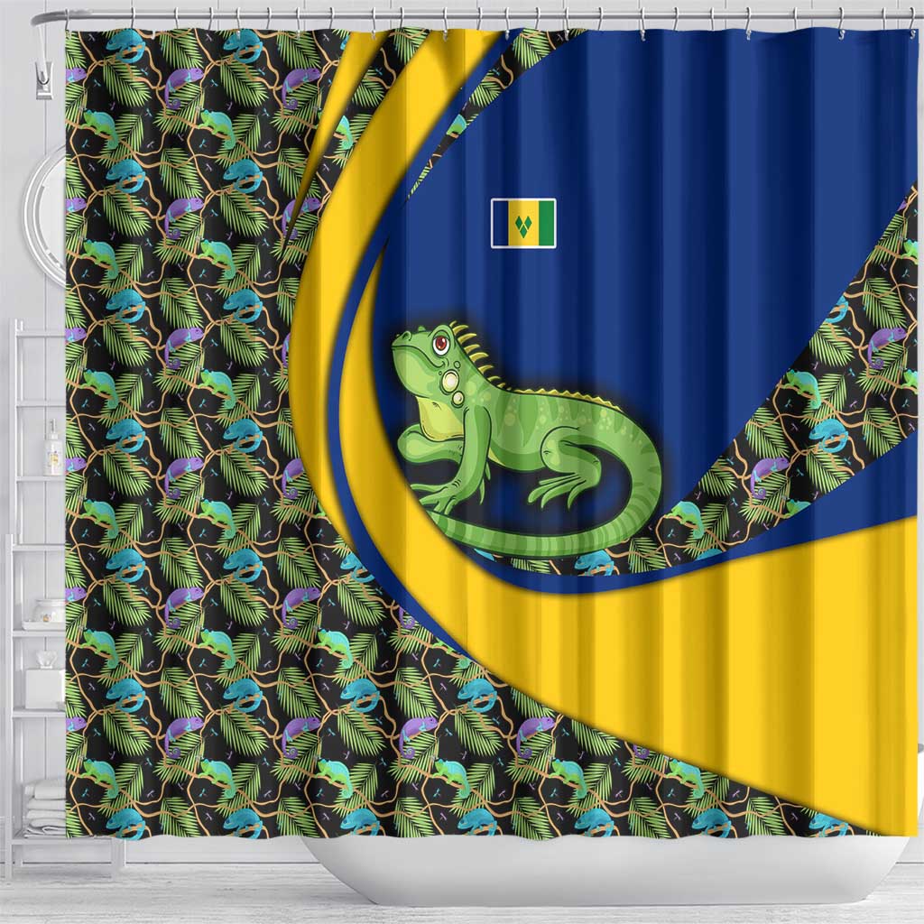 Saint Vincent and the Grenadines Iguana Shower Curtain with Tropical Leaf Pattern and National Flag - Wonder Print Shop