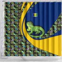 Saint Vincent and the Grenadines Iguana Shower Curtain with Tropical Leaf Pattern and National Flag - Wonder Print Shop