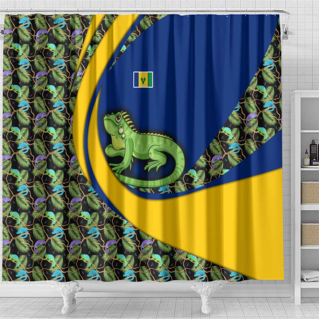 Saint Vincent and the Grenadines Iguana Shower Curtain with Tropical Leaf Pattern and National Flag - Wonder Print Shop