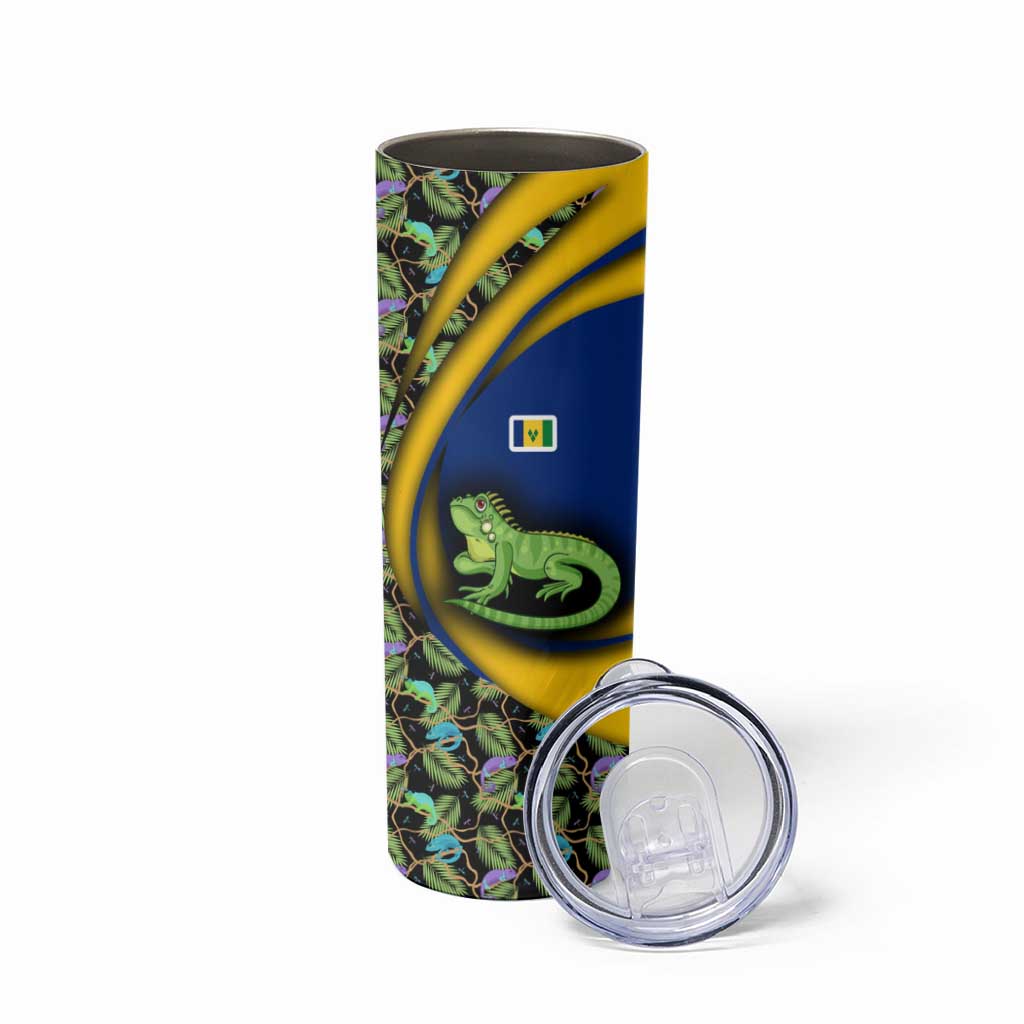 Saint Vincent and the Grenadines Iguana Skinny Tumbler with Tropical Leaf Pattern and National Flag - Wonder Print Shop