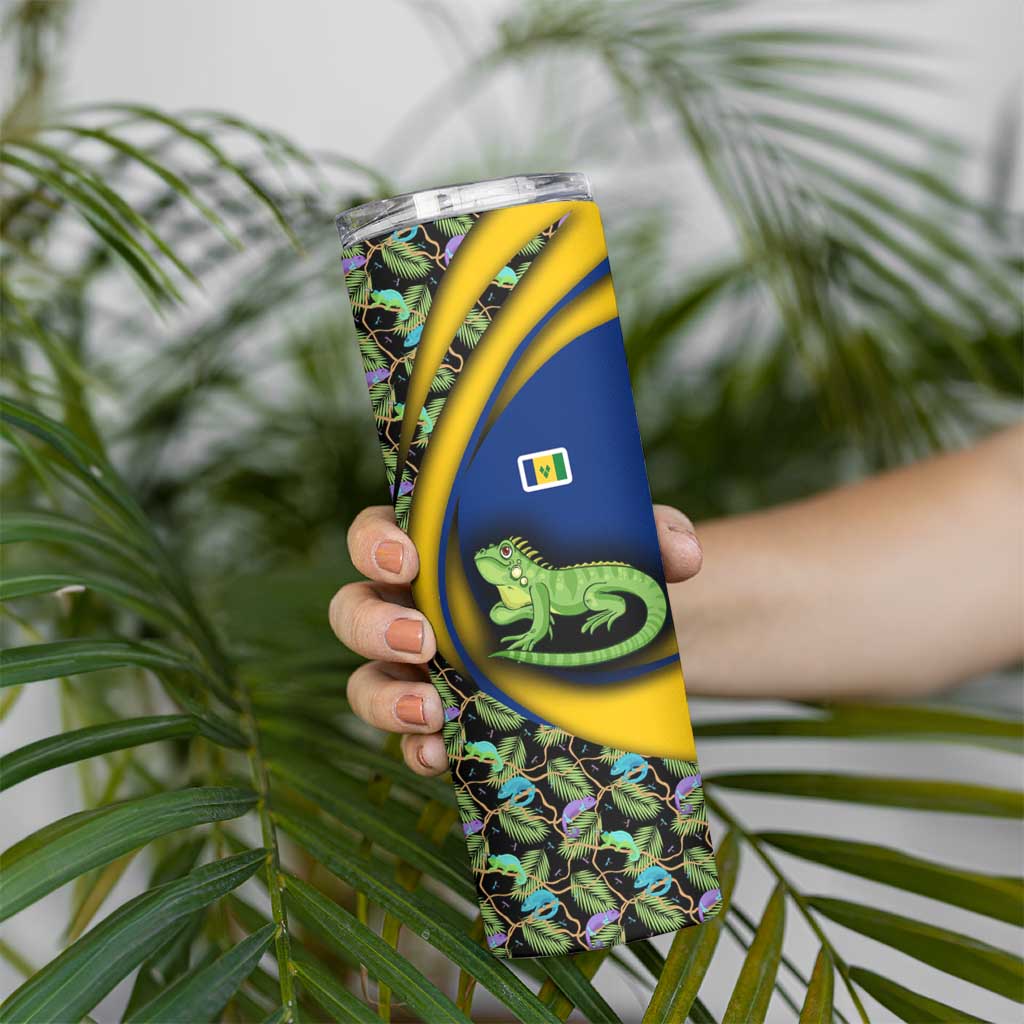 Saint Vincent and the Grenadines Iguana Skinny Tumbler with Tropical Leaf Pattern and National Flag - Wonder Print Shop