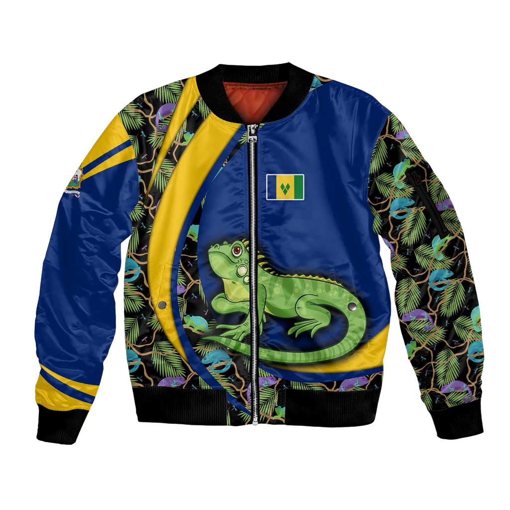 Saint Vincent and the Grenadines Iguana Sleeve Zip Bomber Jacket with Tropical Leaf Pattern and National Flag - Wonder Print Shop