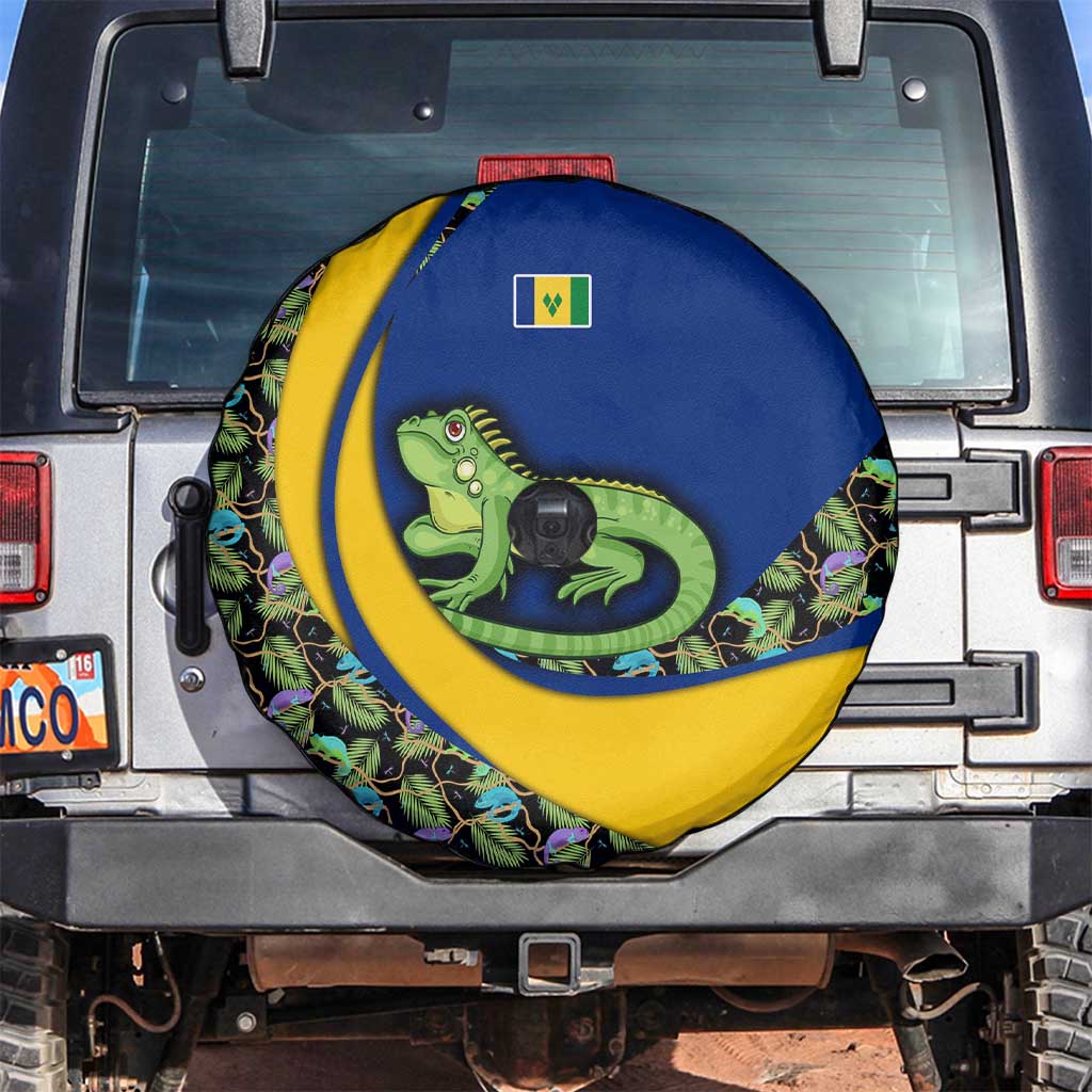 Saint Vincent and the Grenadines Iguana Spare Tire Cover with Tropical Leaf Pattern and National Flag - Wonder Print Shop