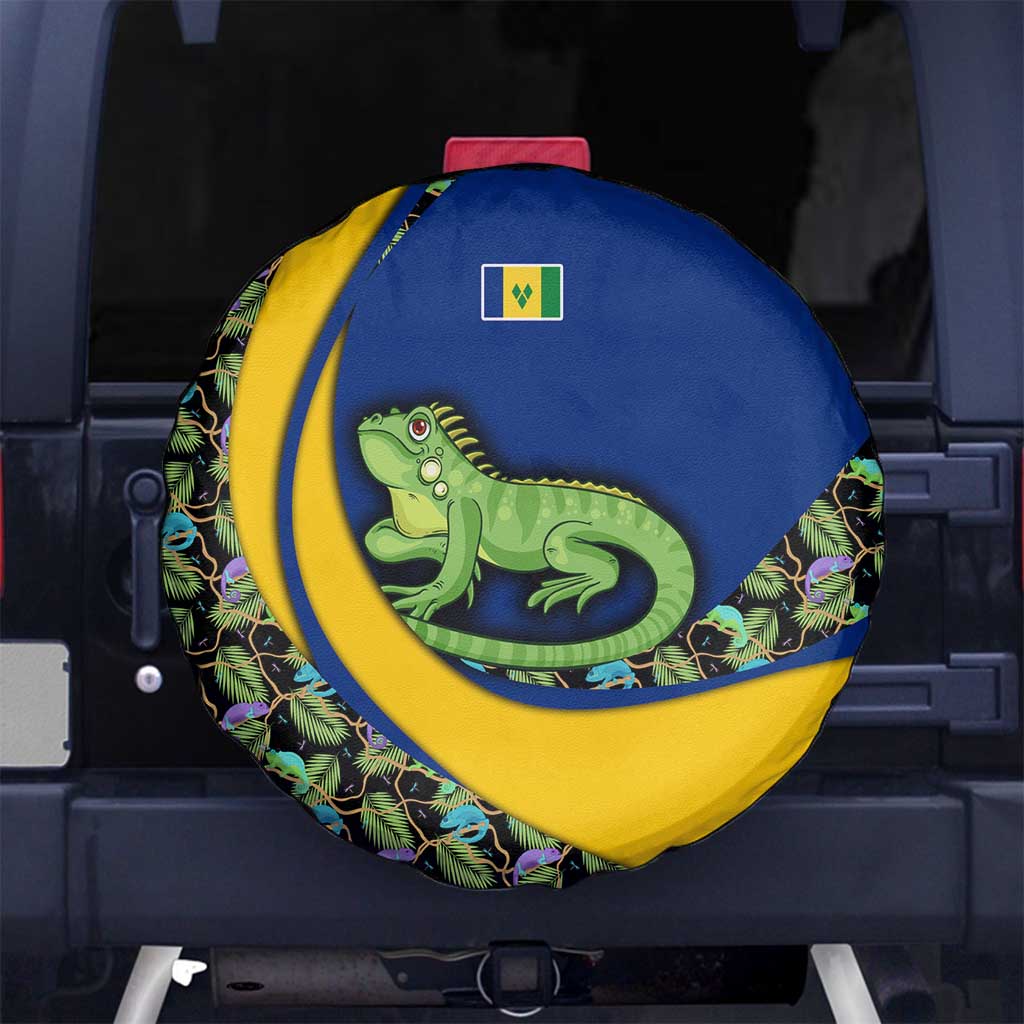 Saint Vincent and the Grenadines Iguana Spare Tire Cover with Tropical Leaf Pattern and National Flag - Wonder Print Shop