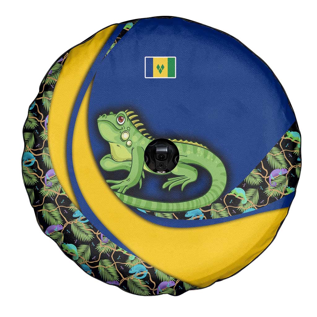 Saint Vincent and the Grenadines Iguana Spare Tire Cover with Tropical Leaf Pattern and National Flag - Wonder Print Shop