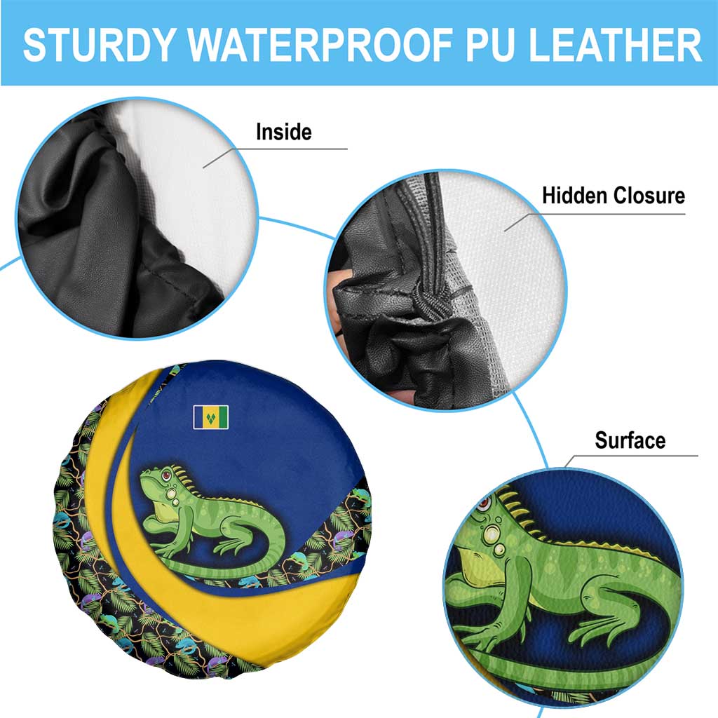 Saint Vincent and the Grenadines Iguana Spare Tire Cover with Tropical Leaf Pattern and National Flag - Wonder Print Shop