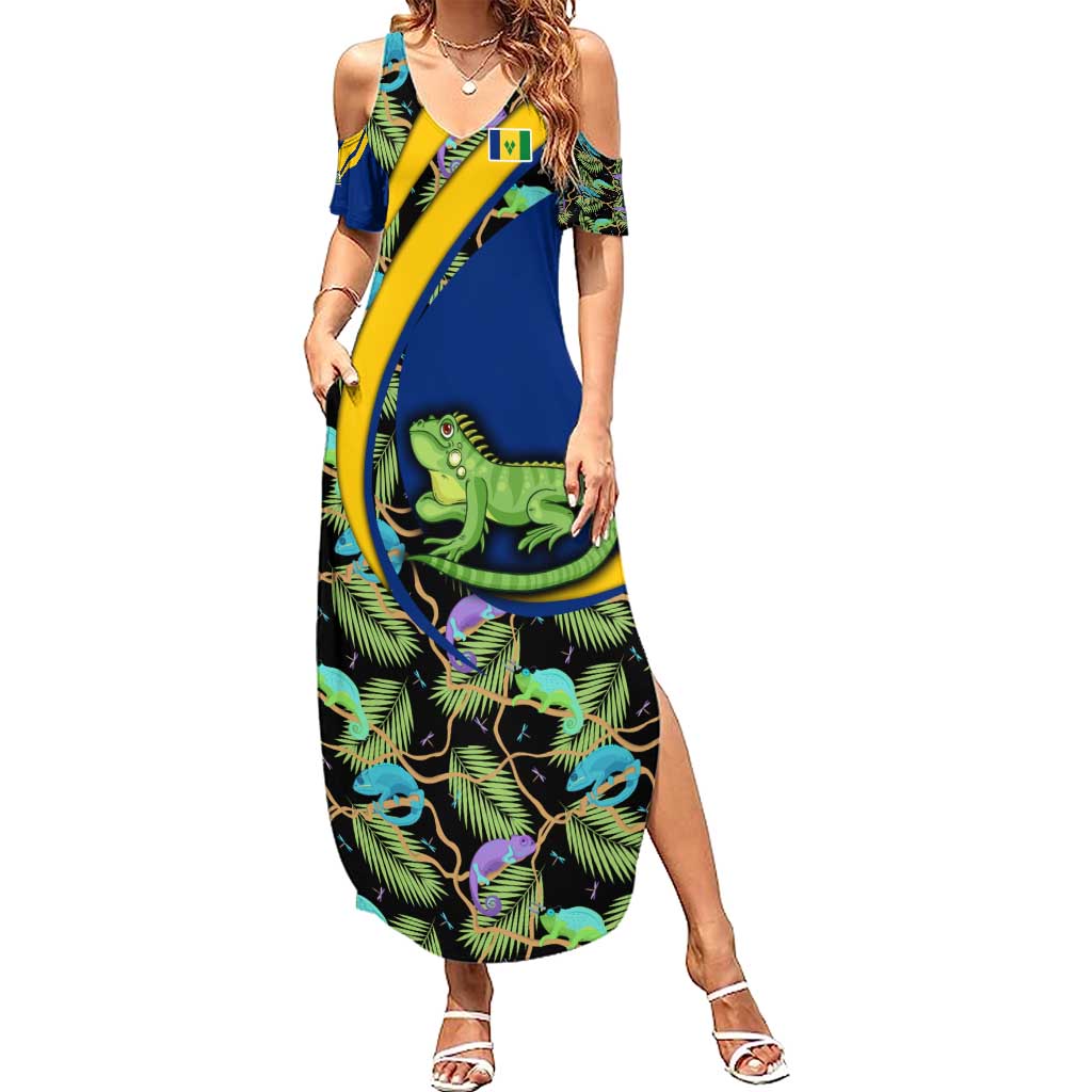 Saint Vincent and the Grenadines Iguana Summer Maxi Dress with Tropical Leaf Pattern and National Flag - Wonder Print Shop