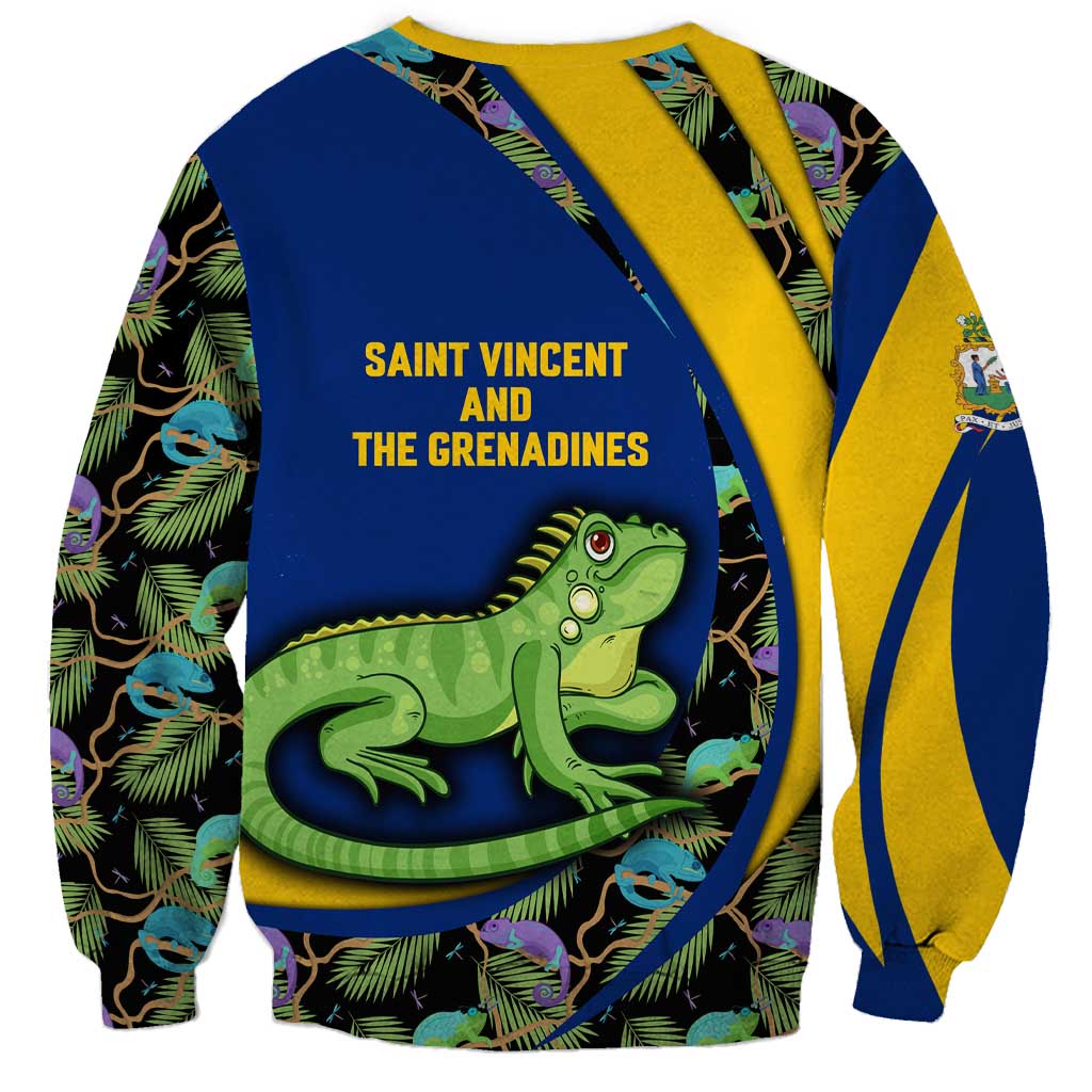 Saint Vincent and the Grenadines Iguana Sweatshirt with Tropical Leaf Pattern and National Flag - Wonder Print Shop