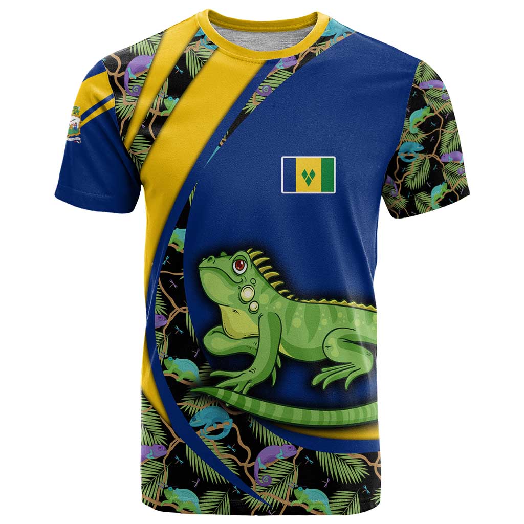 Saint Vincent and the Grenadines Iguana T Shirt with Tropical Leaf Pattern and National Flag - Wonder Print Shop
