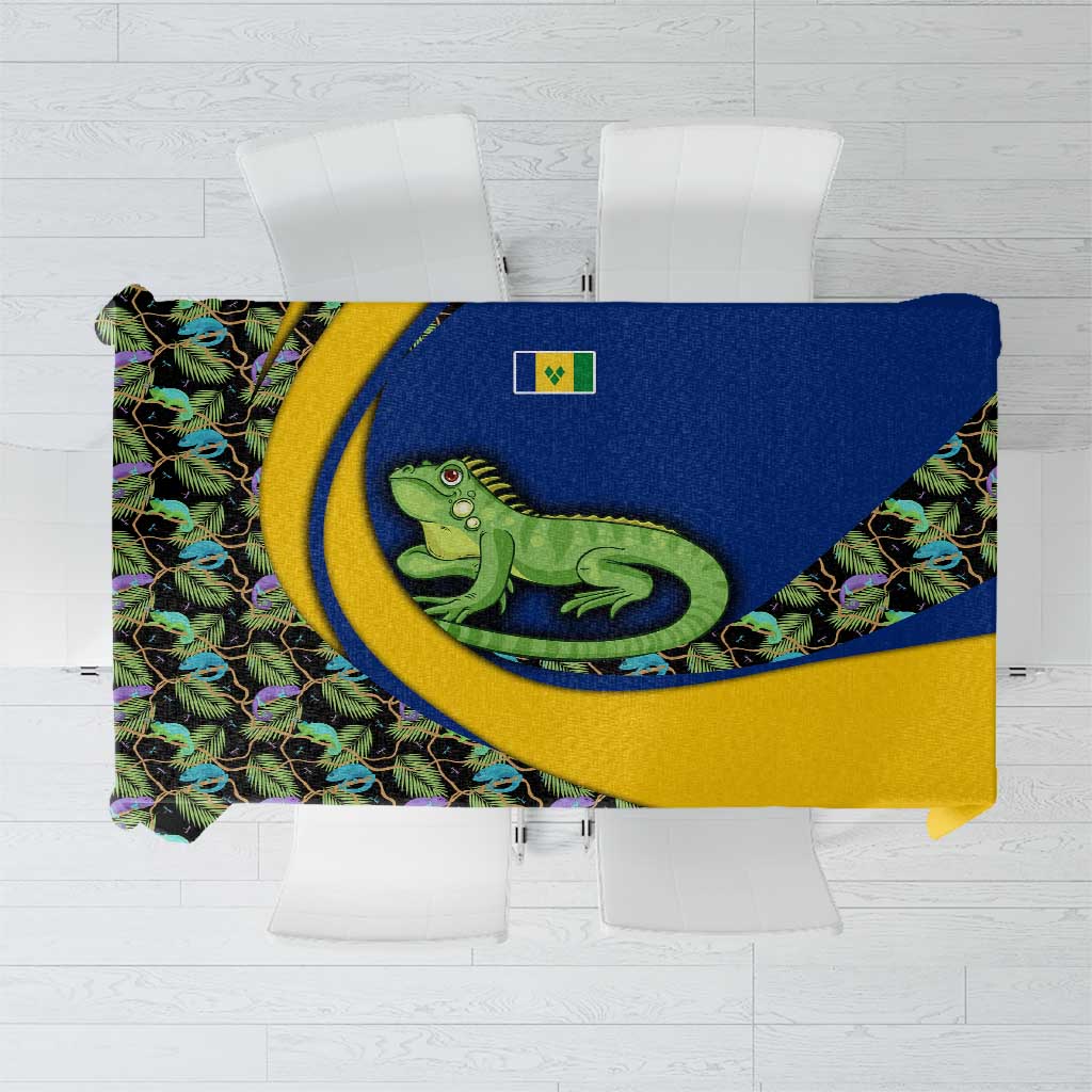 Saint Vincent and the Grenadines Iguana Tablecloth with Tropical Leaf Pattern and National Flag - Wonder Print Shop