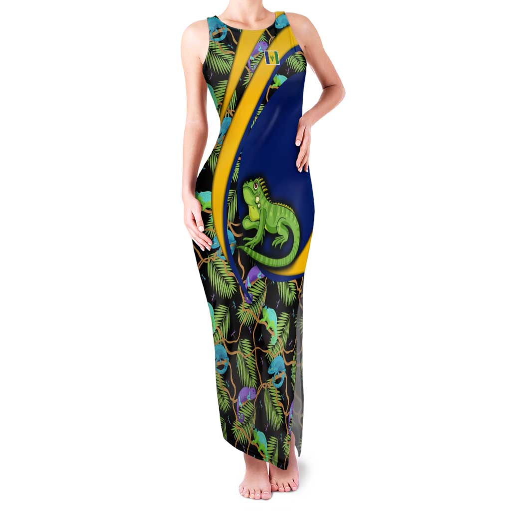 Saint Vincent and the Grenadines Iguana Tank Maxi Dress with Tropical Leaf Pattern and National Flag - Wonder Print Shop