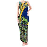 Saint Vincent and the Grenadines Iguana Tank Maxi Dress with Tropical Leaf Pattern and National Flag - Wonder Print Shop
