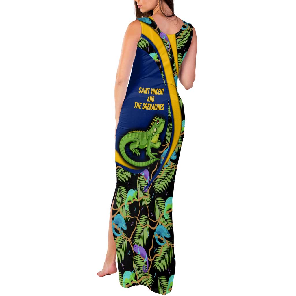 Saint Vincent and the Grenadines Iguana Tank Maxi Dress with Tropical Leaf Pattern and National Flag - Wonder Print Shop