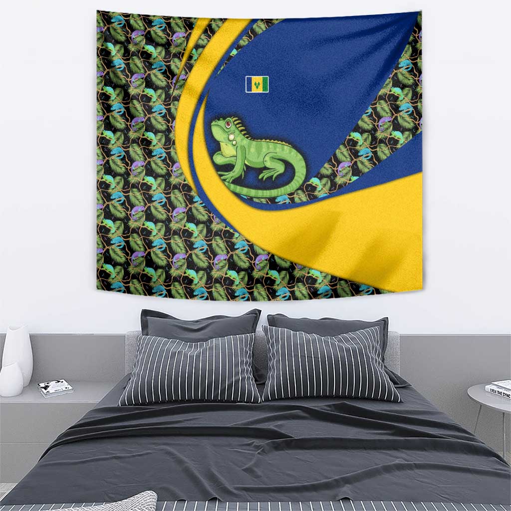 Saint Vincent and the Grenadines Iguana Tapestry with Tropical Leaf Pattern and National Flag - Wonder Print Shop