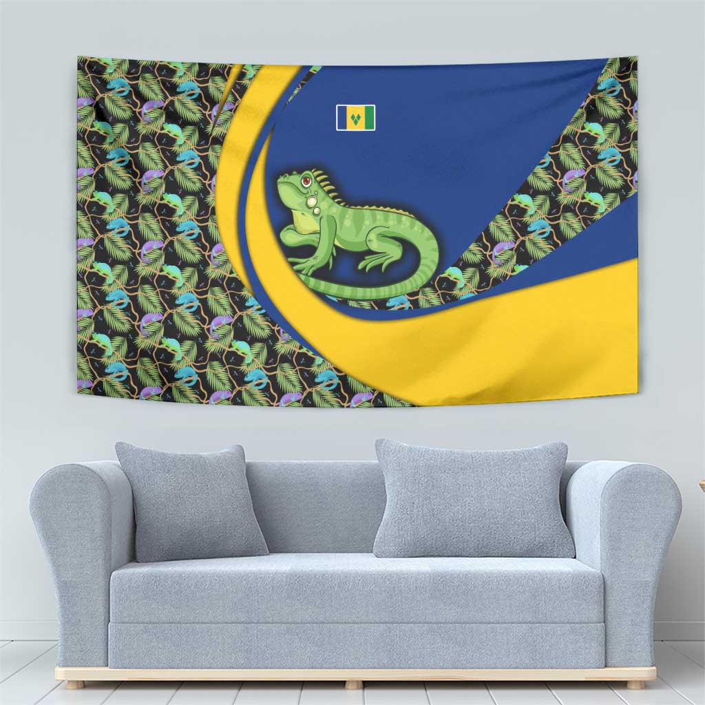Saint Vincent and the Grenadines Iguana Tapestry with Tropical Leaf Pattern and National Flag - Wonder Print Shop