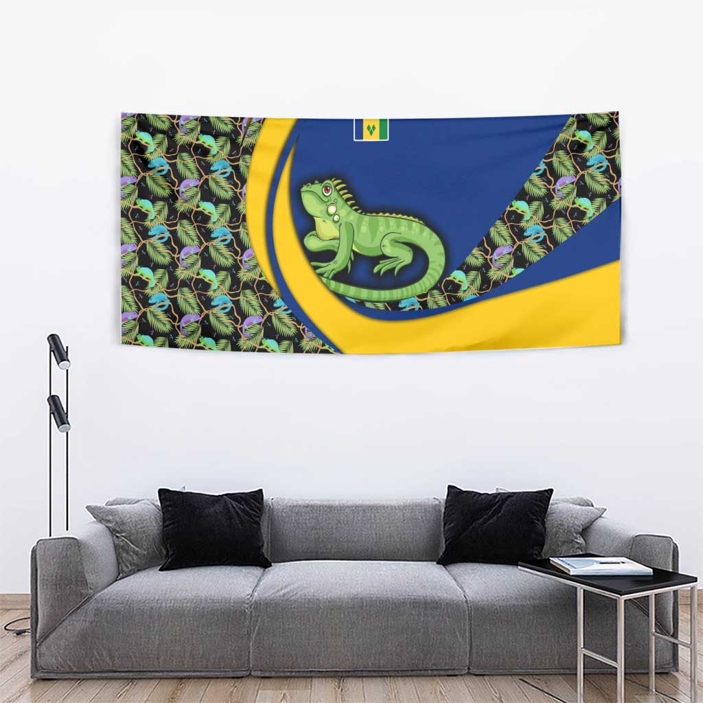 Saint Vincent and the Grenadines Iguana Tapestry with Tropical Leaf Pattern and National Flag - Wonder Print Shop