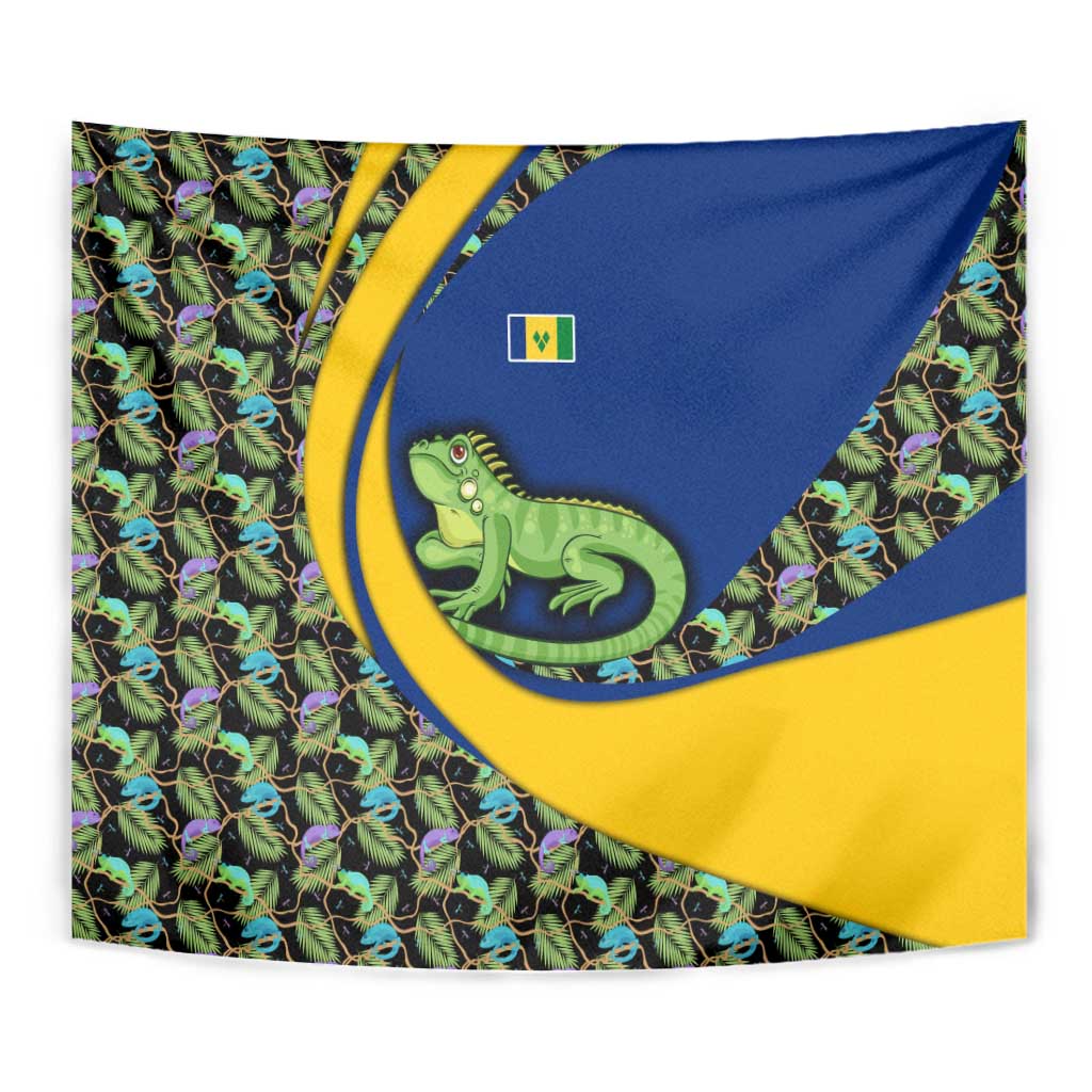 Saint Vincent and the Grenadines Iguana Tapestry with Tropical Leaf Pattern and National Flag - Wonder Print Shop