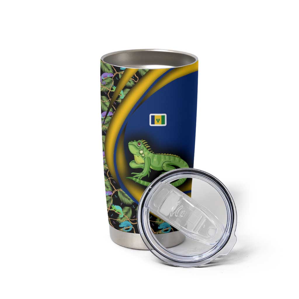 Saint Vincent and the Grenadines Iguana Tumbler Cup with Tropical Leaf Pattern and National Flag - Wonder Print Shop