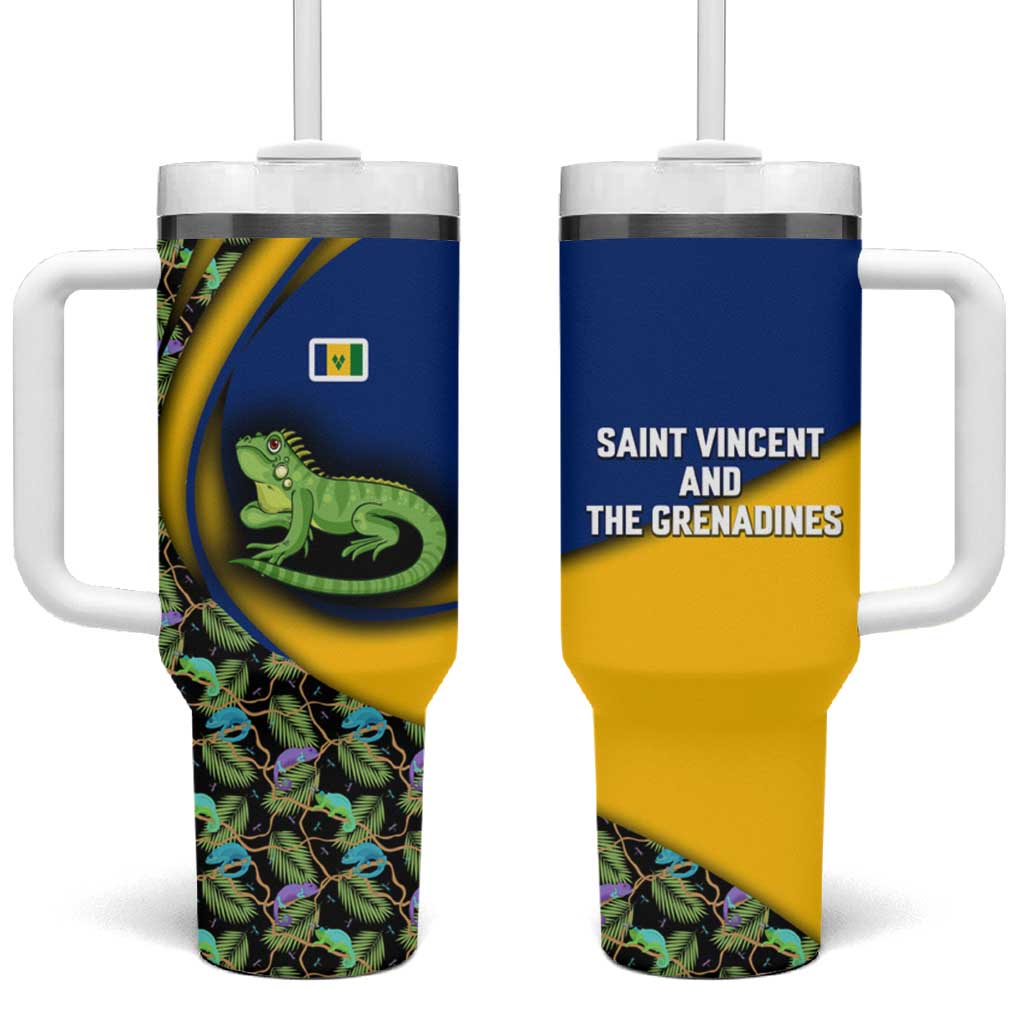 Saint Vincent and the Grenadines Iguana Tumbler With Handle with Tropical Leaf Pattern and National Flag - Wonder Print Shop