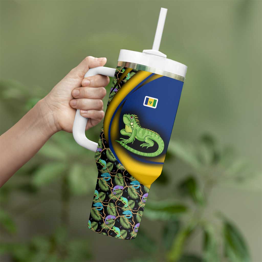 Saint Vincent and the Grenadines Iguana Tumbler With Handle with Tropical Leaf Pattern and National Flag - Wonder Print Shop