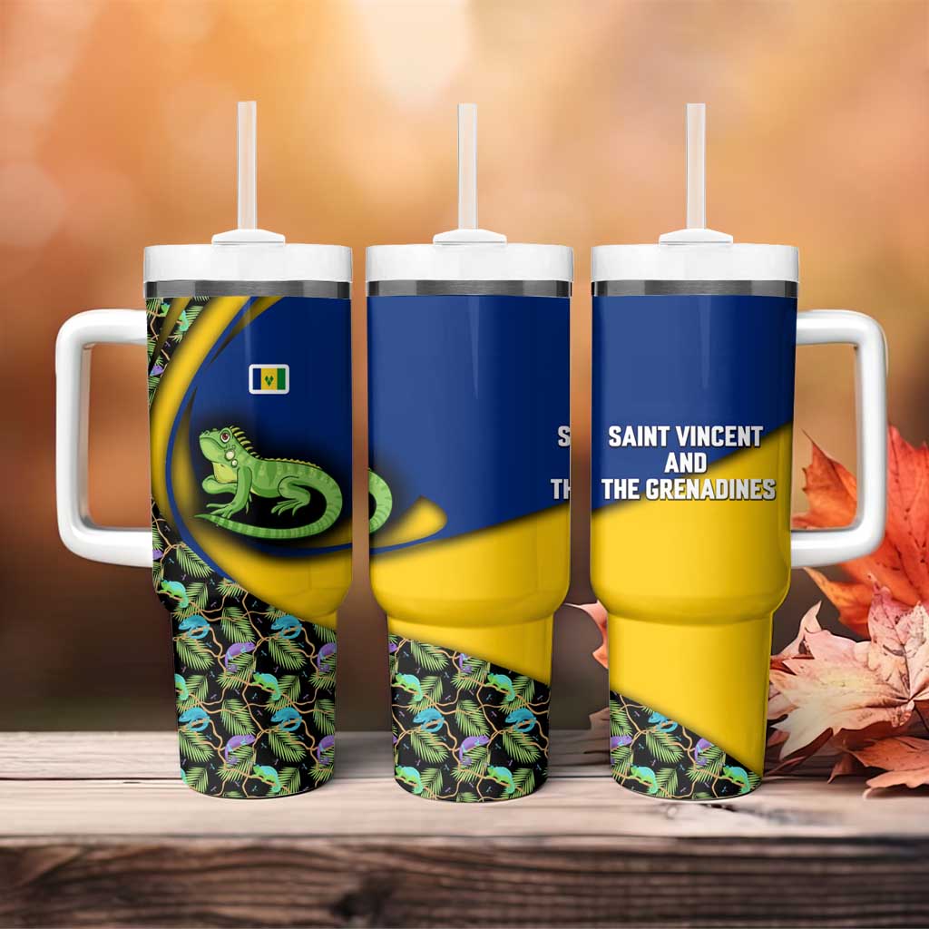 Saint Vincent and the Grenadines Iguana Tumbler With Handle with Tropical Leaf Pattern and National Flag - Wonder Print Shop