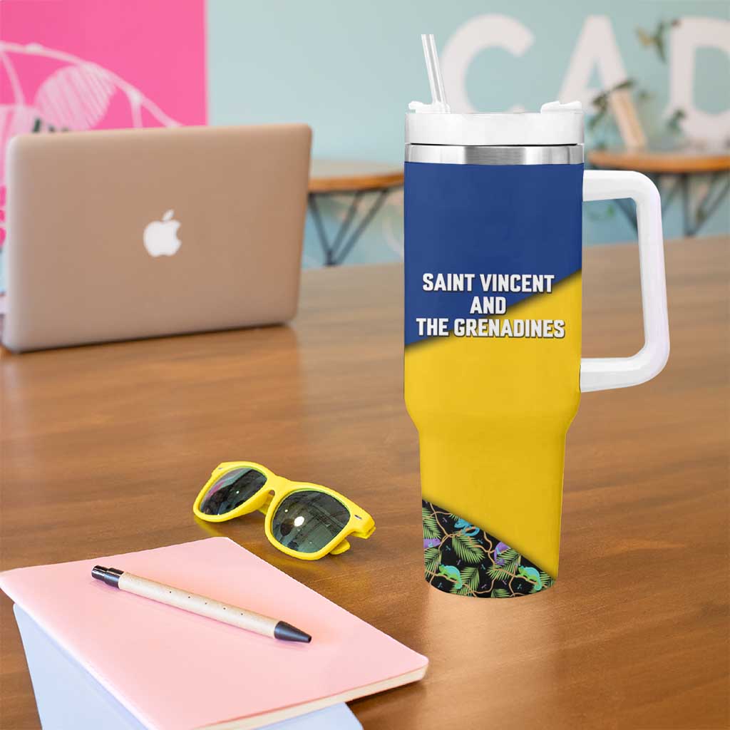 Saint Vincent and the Grenadines Iguana Tumbler With Handle with Tropical Leaf Pattern and National Flag - Wonder Print Shop