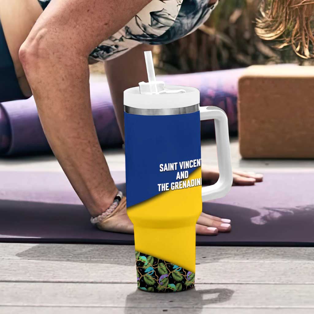 Saint Vincent and the Grenadines Iguana Tumbler With Handle with Tropical Leaf Pattern and National Flag - Wonder Print Shop