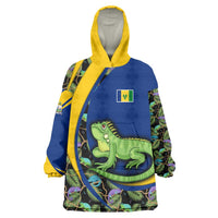 Saint Vincent and the Grenadines Iguana Wearable Blanket Hoodie with Tropical Leaf Pattern and National Flag - Wonder Print Shop