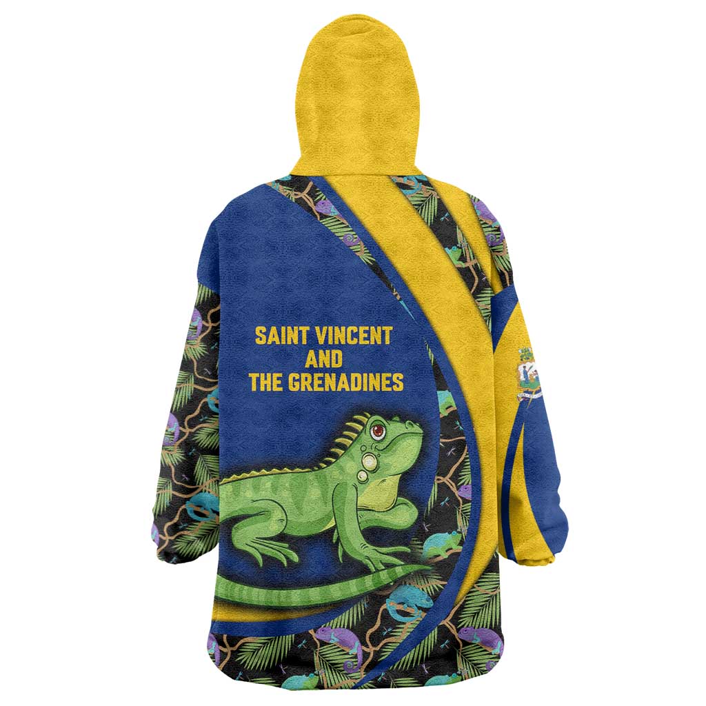 Saint Vincent and the Grenadines Iguana Wearable Blanket Hoodie with Tropical Leaf Pattern and National Flag - Wonder Print Shop