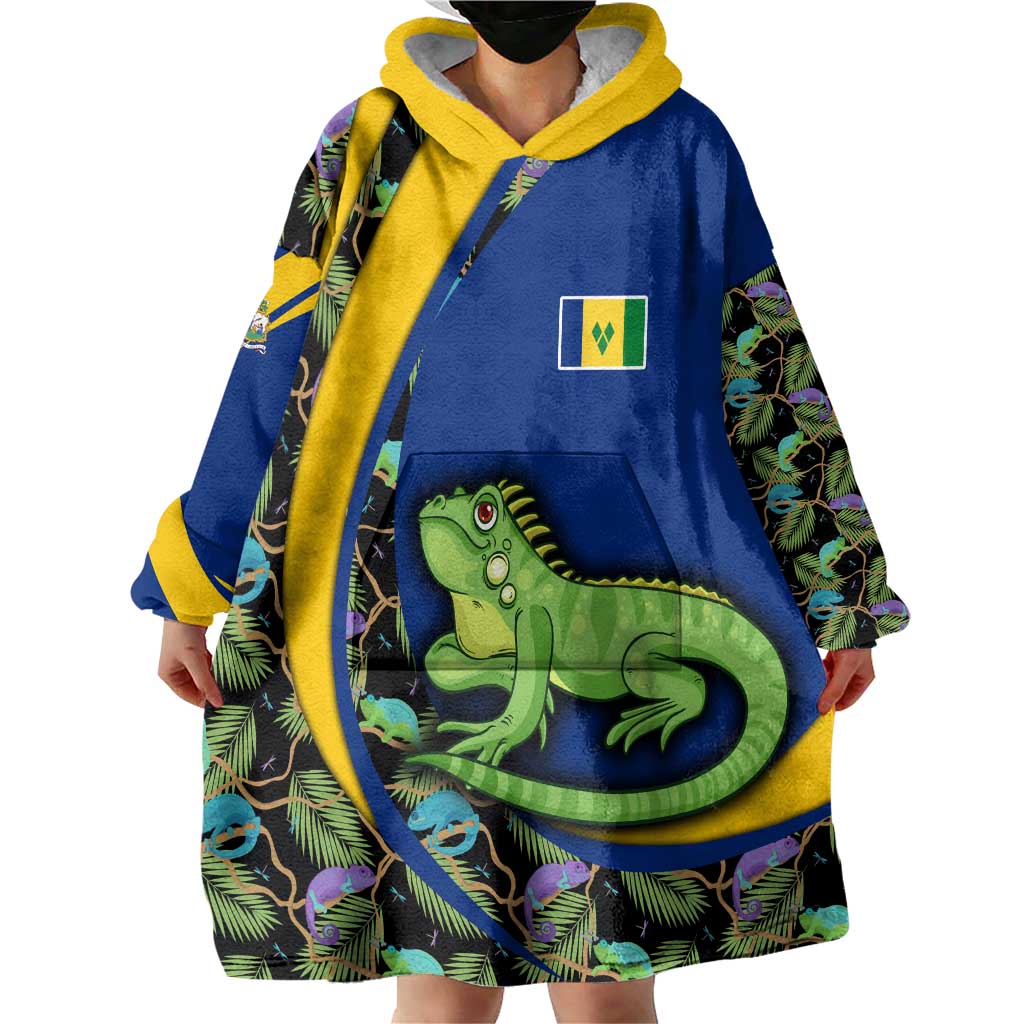 Saint Vincent and the Grenadines Iguana Wearable Blanket Hoodie with Tropical Leaf Pattern and National Flag - Wonder Print Shop