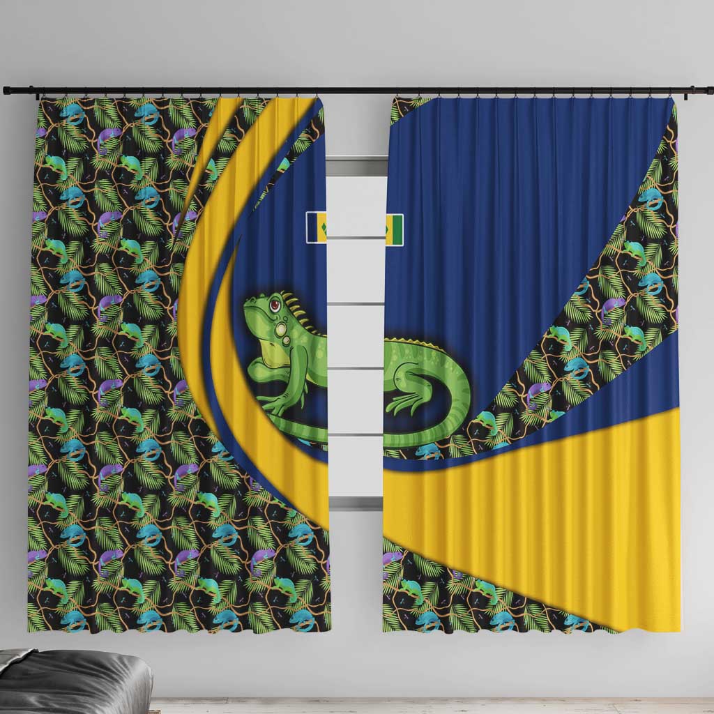 Saint Vincent and the Grenadines Iguana Window Curtain with Tropical Leaf Pattern and National Flag - Wonder Print Shop