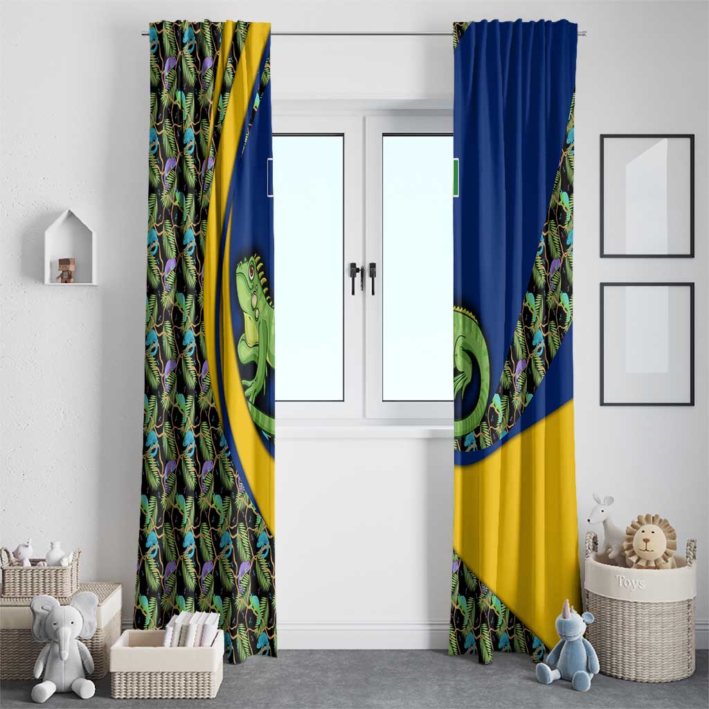 Saint Vincent and the Grenadines Iguana Window Curtain with Tropical Leaf Pattern and National Flag - Wonder Print Shop