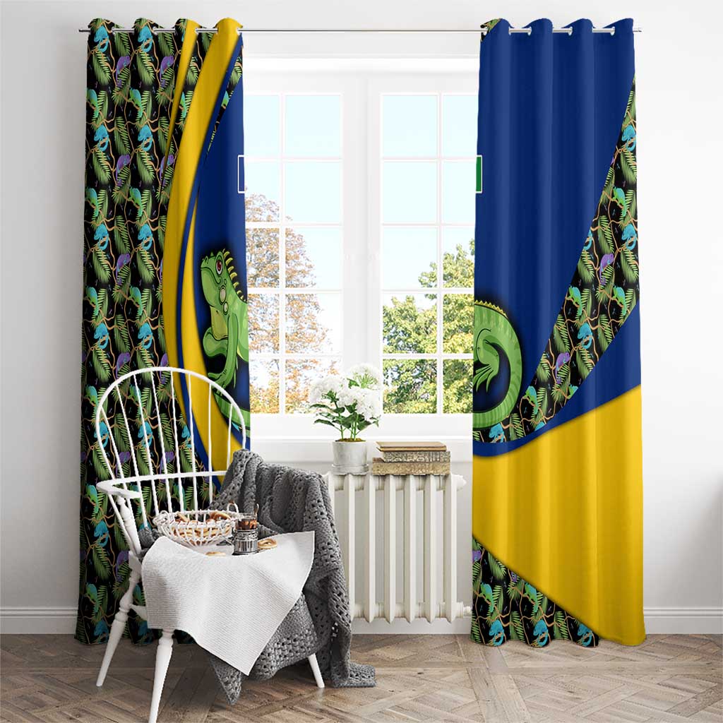 Saint Vincent and the Grenadines Iguana Window Curtain with Tropical Leaf Pattern and National Flag - Wonder Print Shop