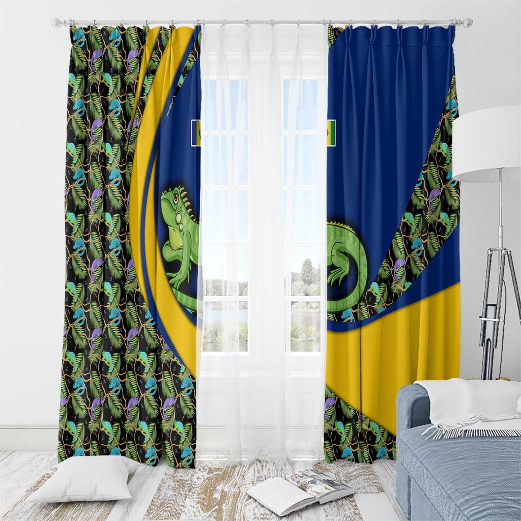 Saint Vincent and the Grenadines Iguana Window Curtain with Tropical Leaf Pattern and National Flag - Wonder Print Shop