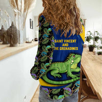 Saint Vincent and the Grenadines Iguana Women Casual Shirt with Tropical Leaf Pattern and National Flag - Wonder Print Shop