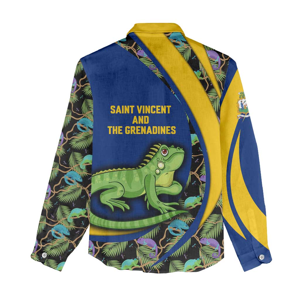 Saint Vincent and the Grenadines Iguana Women Casual Shirt with Tropical Leaf Pattern and National Flag - Wonder Print Shop