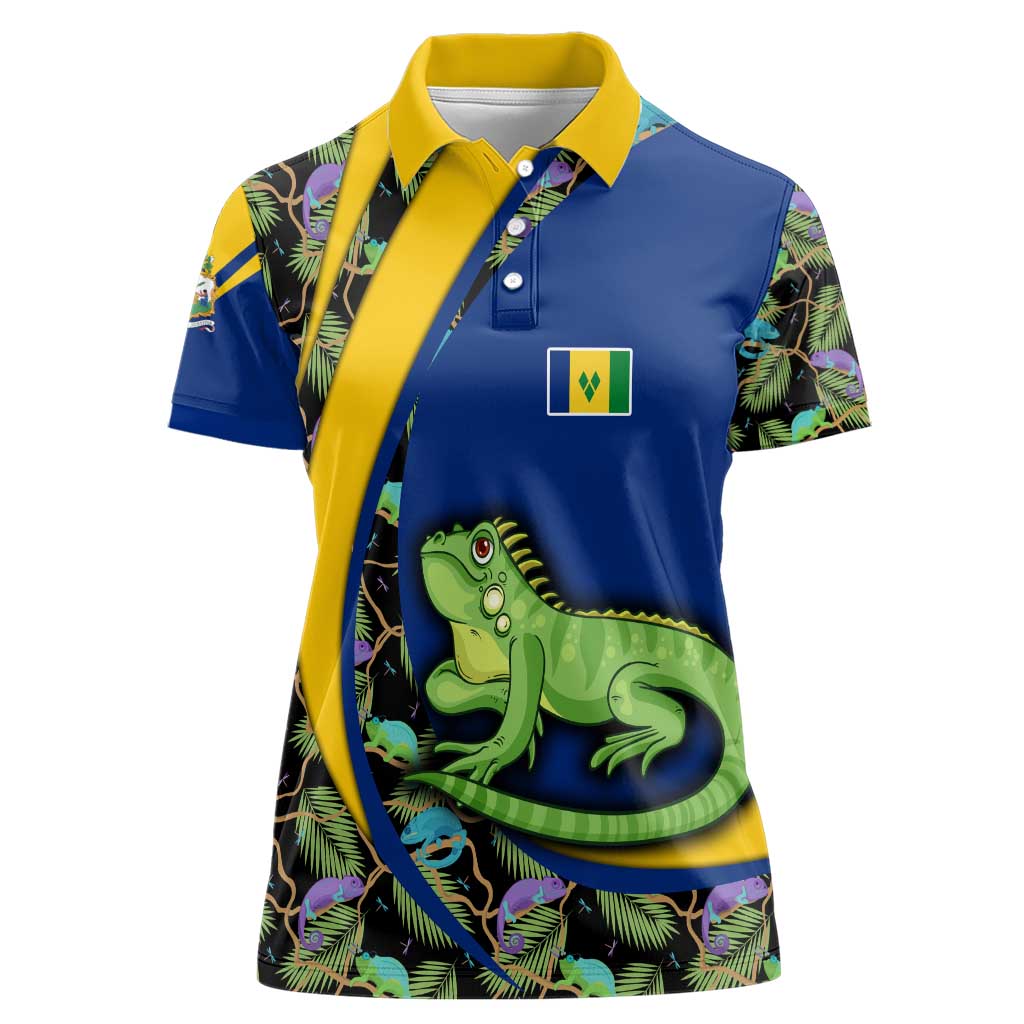 Saint Vincent and the Grenadines Iguana Women Polo Shirt with Tropical Leaf Pattern and National Flag - Wonder Print Shop