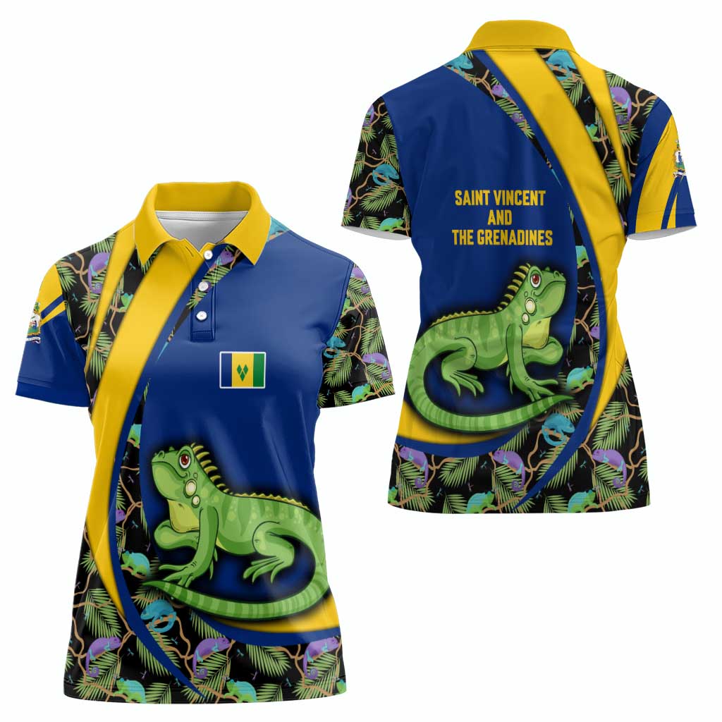Saint Vincent and the Grenadines Iguana Women Polo Shirt with Tropical Leaf Pattern and National Flag - Wonder Print Shop