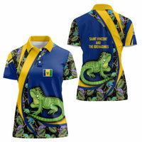 Saint Vincent and the Grenadines Iguana Women Polo Shirt with Tropical Leaf Pattern and National Flag - Wonder Print Shop